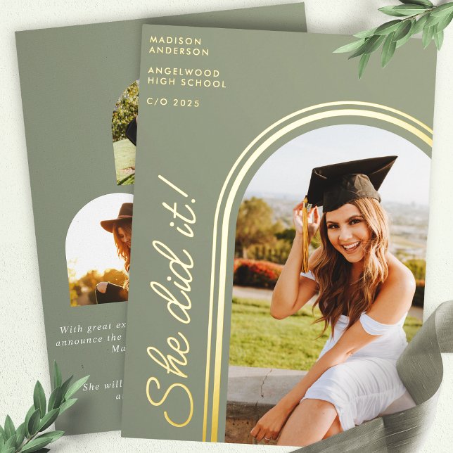 She Did It Sage Green Modern Arch Photo Graduation (Creator Uploaded)