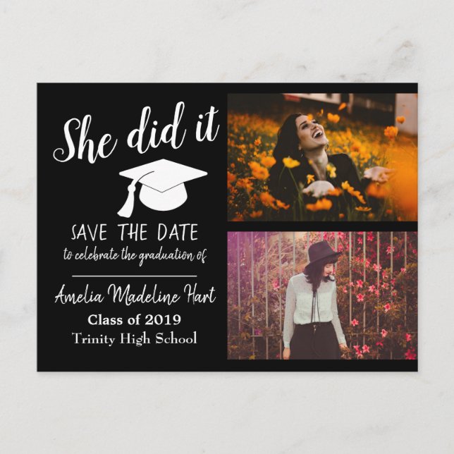 She Did It | Save The Date Graduation Photo Black Postcard (Front)
