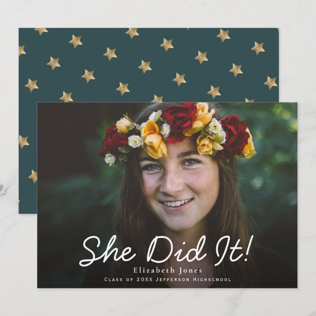 She Did It Script Graduation Photo Announcement (Front/Back)