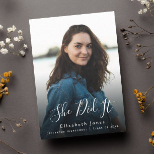 She Did It Script Graduation Photo Invitation
