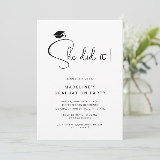 She Did It Script Minimal Photo Graduation Party Invitation (Standing Front)