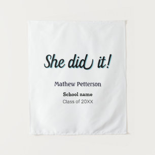 She did it simple black classy modern graduation tapestry