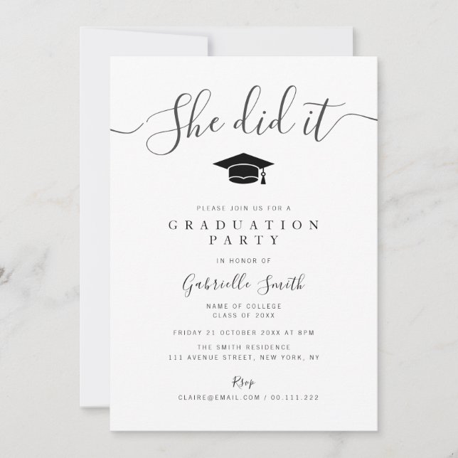 SHE DID IT! Simple Graduation Party Invitation (Front)