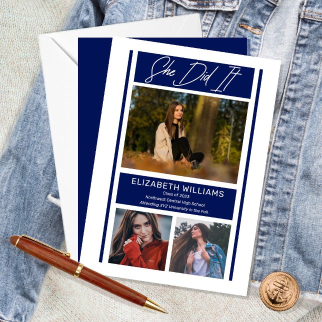 She Did It Simple Minimalist Blue Graduation  Announcement (Creator Uploaded)