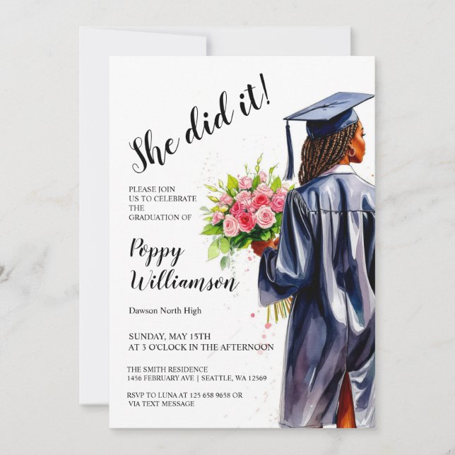 She Did It Watercolor Graduation  Invitation (Front)