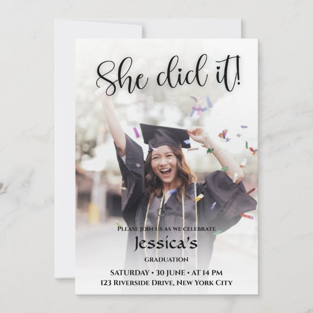 She Did It! White Gradient Photo Graduation  Invitation (Front)