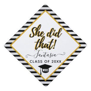 She Did That  Urban Black & Gold Stripes  Graduati Graduation Cap Topper