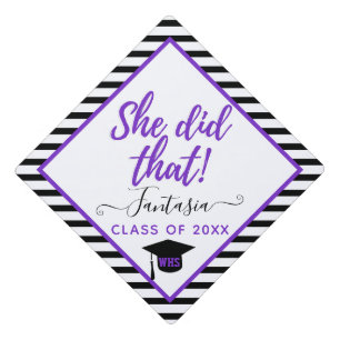 She Did That Urban Purple Black & White Stripes Graduation Cap Topper