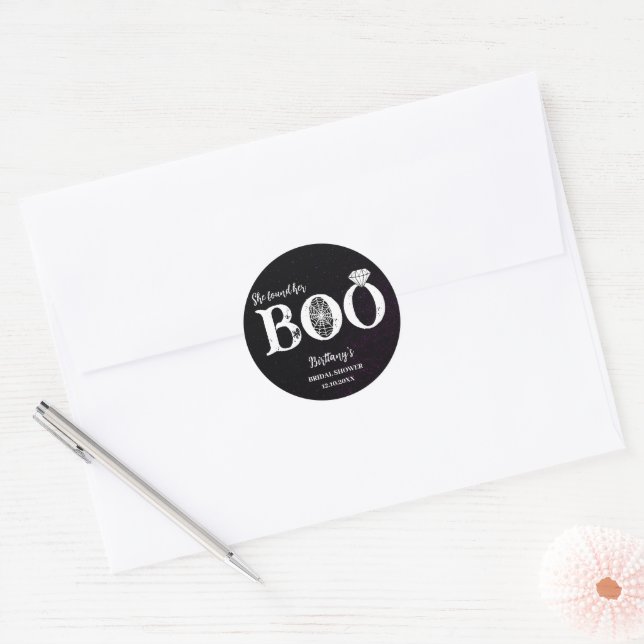 She Found Her Boo Black Halloween Bridal Shower Classic Round Sticker (Envelope)