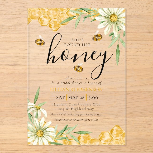 She Found Her Honey Bee Themed Daisy Bridal Shower Acrylic Invitations (Front)
