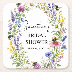 She Found her Honey Bee Wildflower Bridal Shower Square Paper Coaster