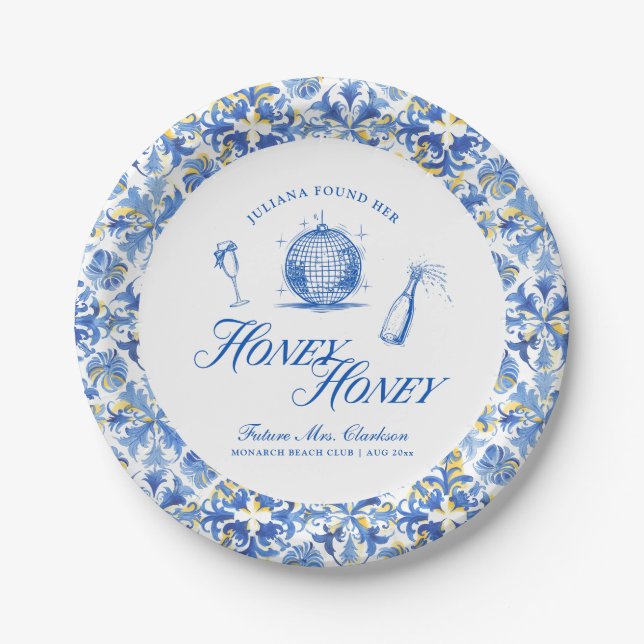 She Found Her Honey Honey Blue Greece Bachelorette Paper Plate (Front)