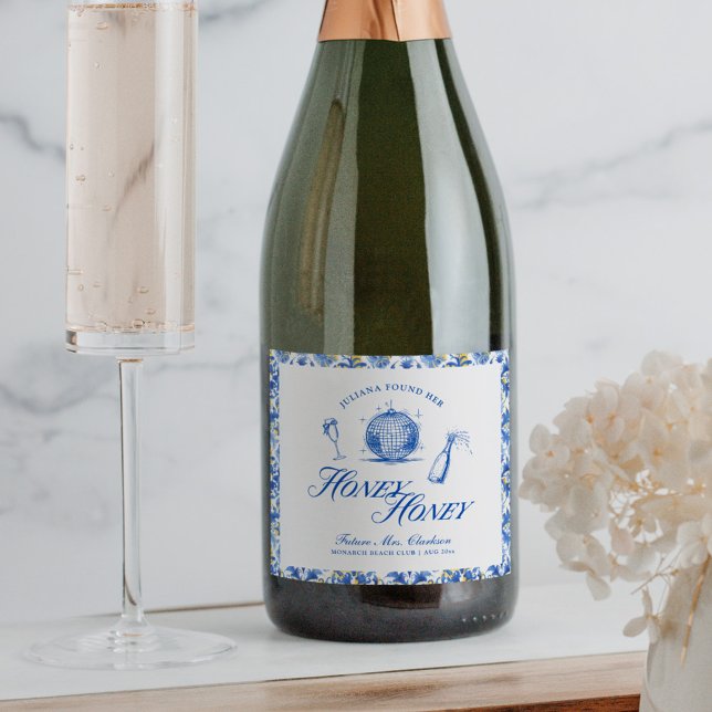 She Found Her Honey Honey Blue Greece Bachelorette Sparkling Wine Label (Creator Uploaded)