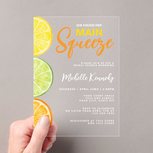She Found Her Main Squeeze Bridal Shower  Acrylic Invitations (Insitu (Handheld))