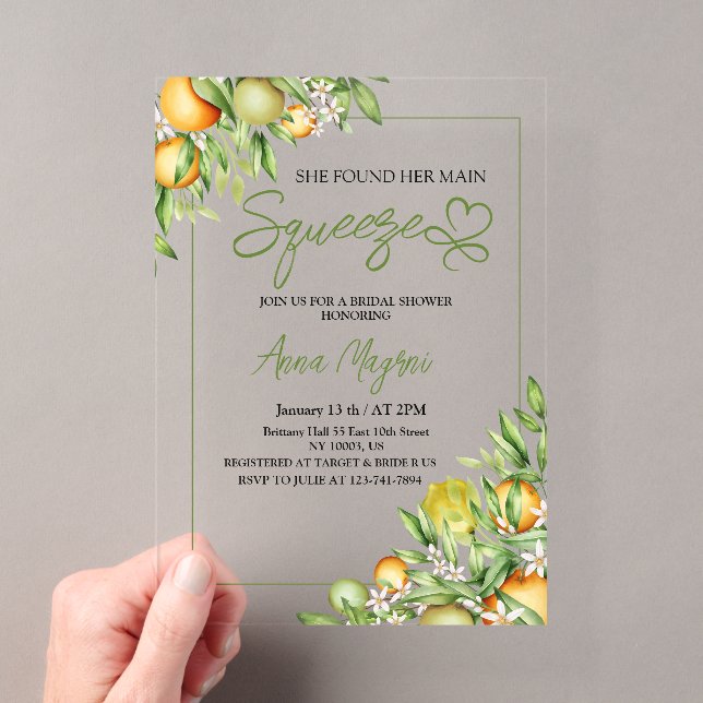 She Found Her Main Squeeze Bridal Shower Greenery Acrylic Invitations (Insitu (Handheld))