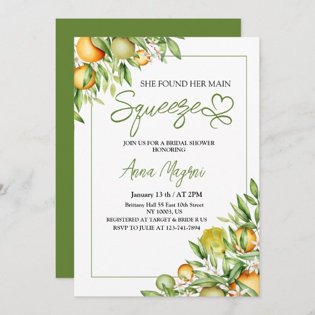 She Found Her Main Squeeze Bridal Shower Greenery Invitation (Front/Back)