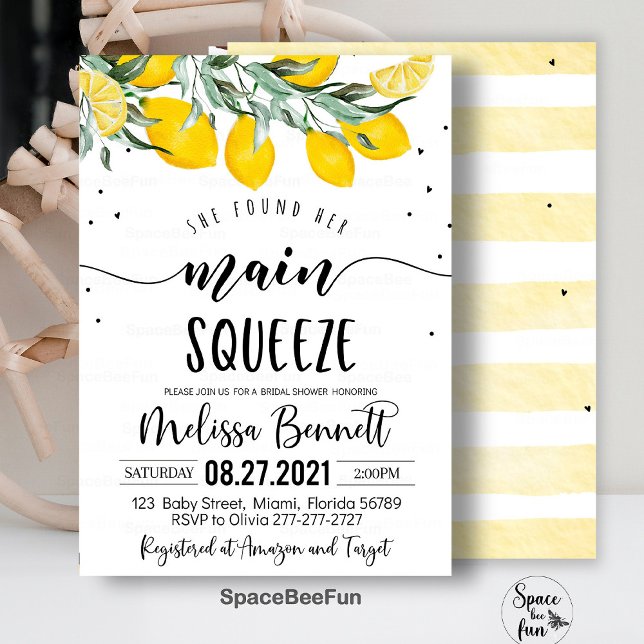 She Found Her Main Squeeze Bridal Shower Invites  (main squeeze,bridal shower,bridal shower brunch,bridal invitation,lemonade bridals,he found her main)