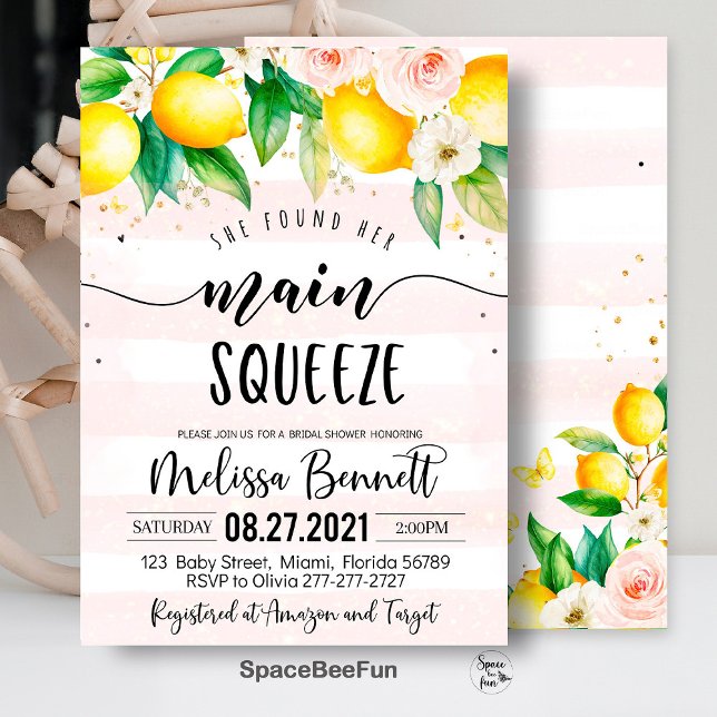 She Found Her Main Squeeze Bridal Shower Invites (main squeeze bridal,bridal shower,bridal shower brunch,bridal invitation,lemonade bridal,she found h)