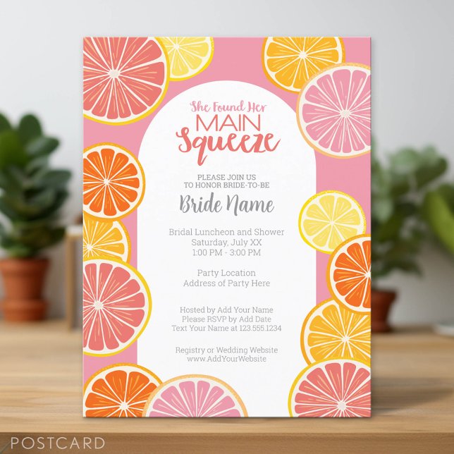 She Found Her Main Squeeze Bridal Shower Postcard (Custom Postcard)