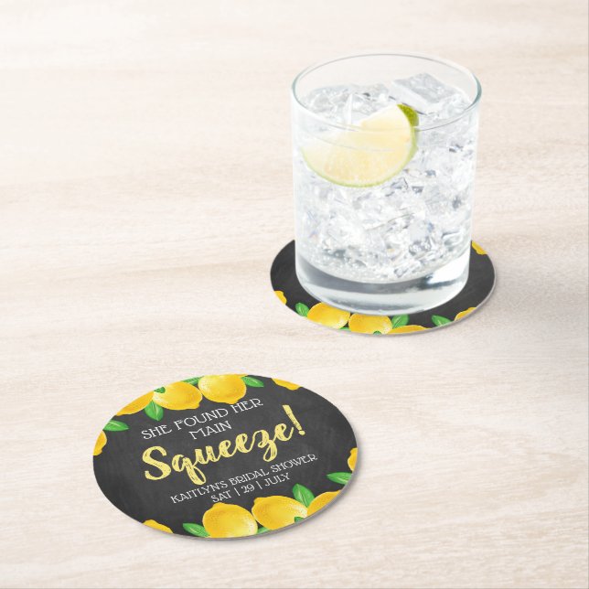 She Found Her Main Squeeze Lemon Bridal Round Paper Coaster (Insitu)