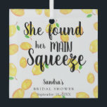 She Found Her Main Squeeze Lemon Bridal Shower  Glass Ornament<br><div class="desc">Lemon bridal shower with text that says "She found her main squeeze"</div>