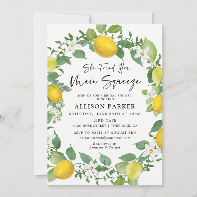 She Found Her Main Squeeze Lemon Bridal Shower Invitation (Front)