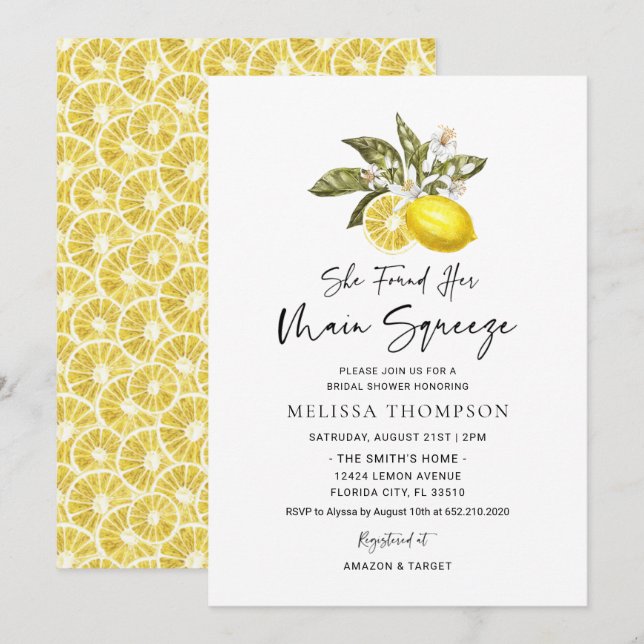 She Found Her Main Squeeze Lemon Bridal Shower Invitation (Front/Back)