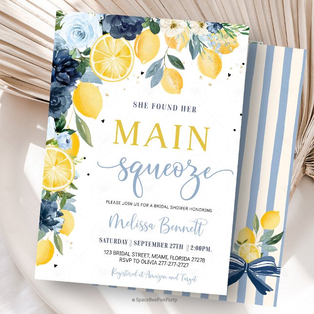 She Found Her Main Squeeze Lemon Bridal Shower  Invitation (she found her main squeeze,lemon bridal shower invitation,citrus bridal shower,mediterranean,summer )