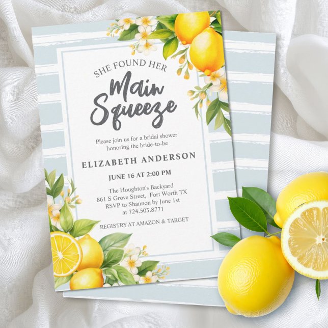 She Found Her Main Squeeze Lemon Bridal Shower Invitation (An elegant lemon themed main. squeeze bridal shower invitation.)