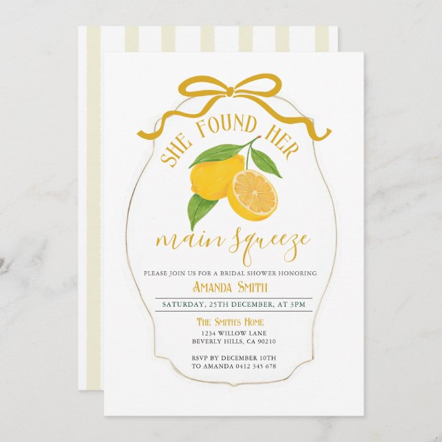 She found her main squeeze lemon bridal shower invitation (Front/Back)