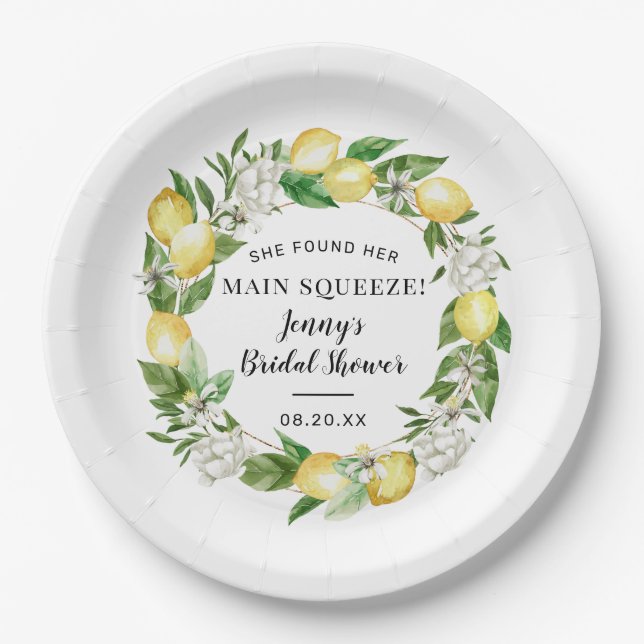She Found Her Main Squeeze Lemon Bridal Shower Paper Plate (Front)