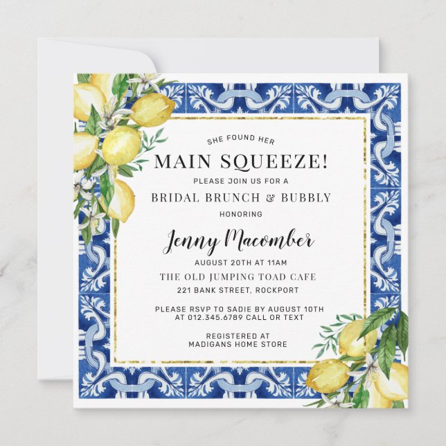 She Found Her Main Squeeze Lemon Brunch Bubbly Invitation (Front)