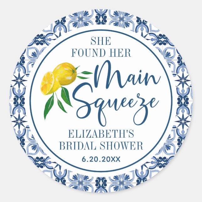 She Found Her Main Squeeze Lemon Italian Blue Tile Classic Round Sticker (Front)