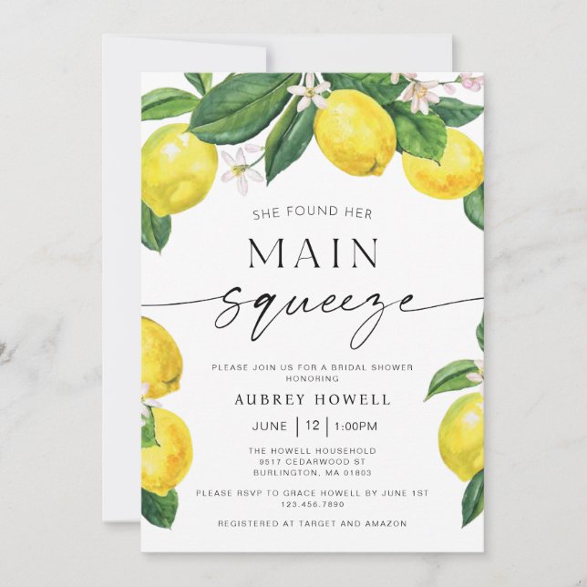 She Found Her Main Squeeze Lemons Bridal Shower Invitation (Front)