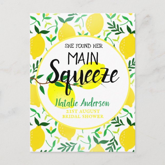 She Found Her Main Squeeze Lemons Bridal Shower Postcard (Front)