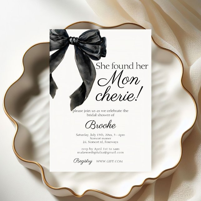 She found her Mon Cherie black bow Bridal Shower Invitation (Creator Uploaded)