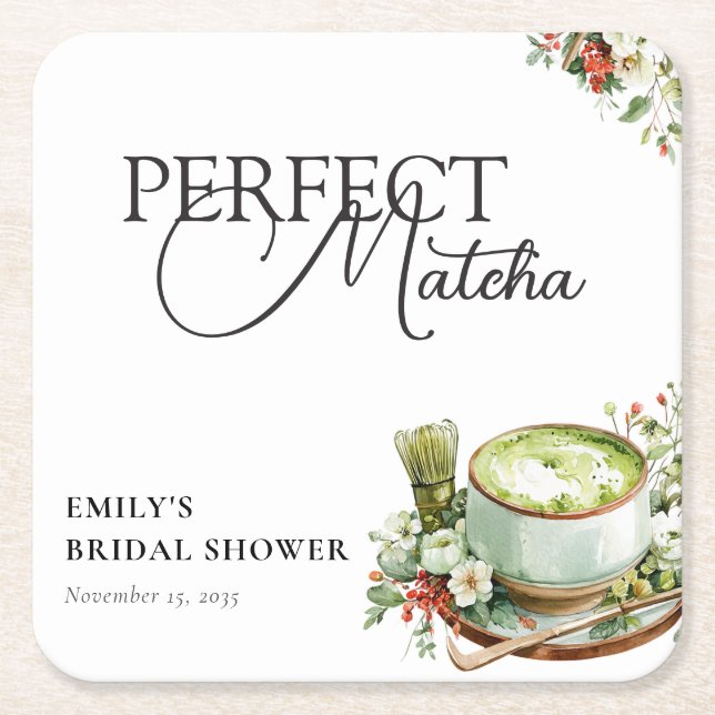 She Found Her Perfect Matcha Bridal Shower Square Paper Coaster (Front)