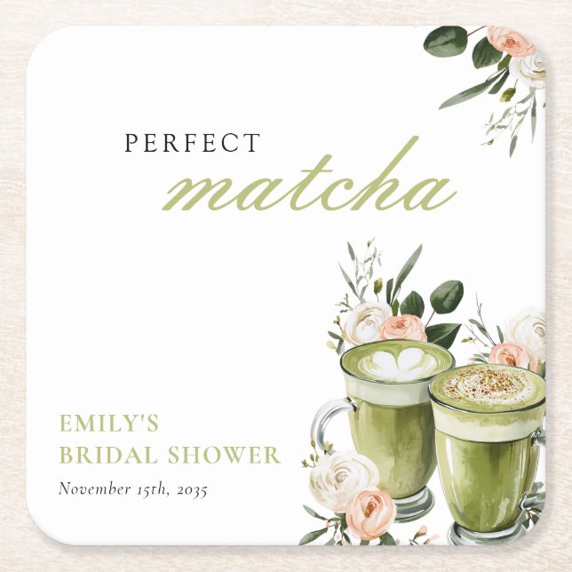 She Found Her Perfect Matcha Bridal Shower Square Paper Coaster (Front)