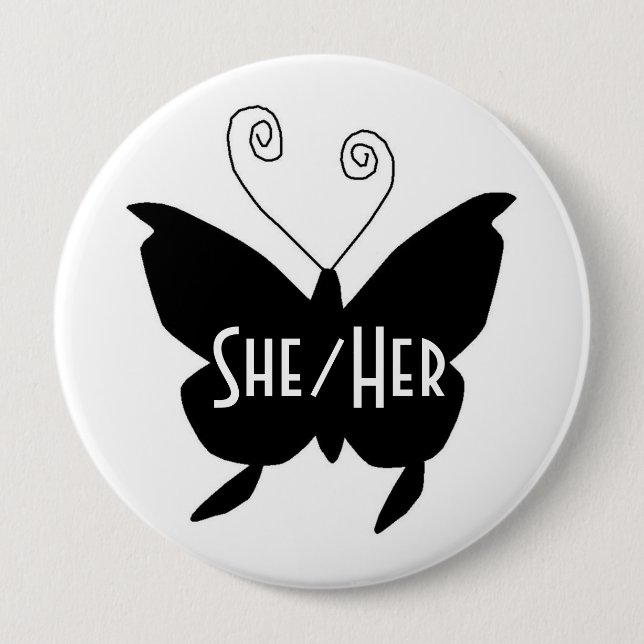 SHE/HER Diva Butterfly Round White Button (Front)