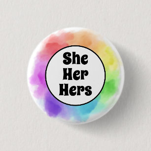 She Her Hers Pronouns in Watercolor Circle 1 Inch Round Button