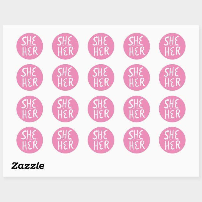 SHE / HER Pronouns Pink Handlettering Set of  Classic Round Sticker (Sheet)