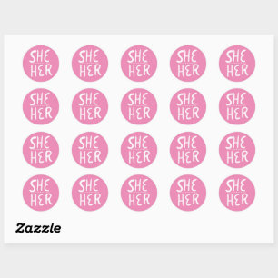 SHE / HER Pronouns Pink Handlettering Set of Classic Round Sticker