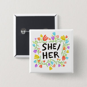 SHE?HER Pronouns Rainbow Floral Wreath 2 Inch Square Button