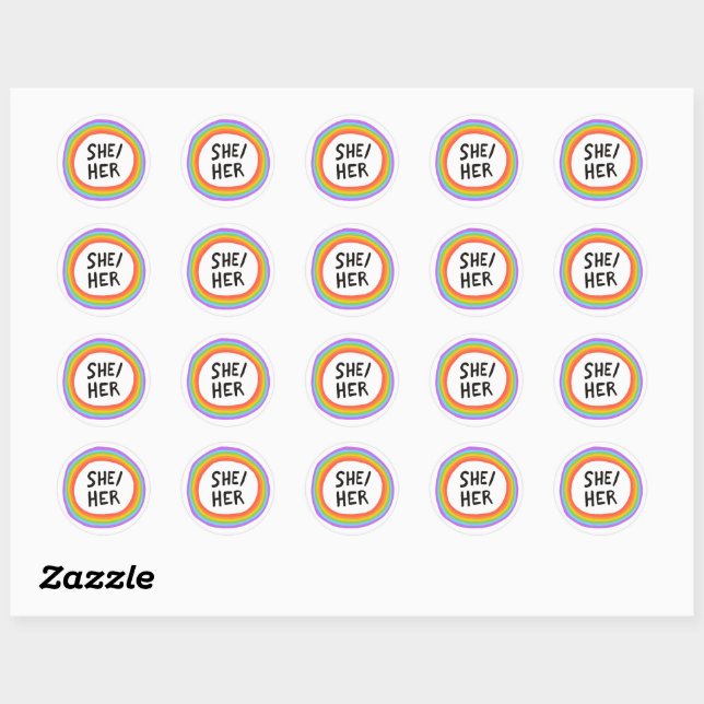 SHE / HER Pronouns Rainbow Handlettering Set of Classic Round Sticker (Sheet)