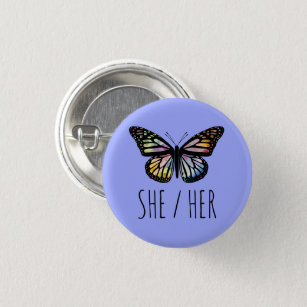 SHE/HER Pronouns Watercolor Butterfly 1 Inch Round Button