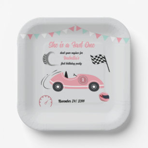 She is a Fast One Festive Pink Race Car Birthday Paper Plate