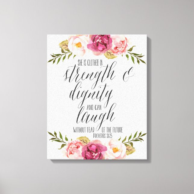 She is clothed in strength and dignity | Scripture Canvas Print (Front)