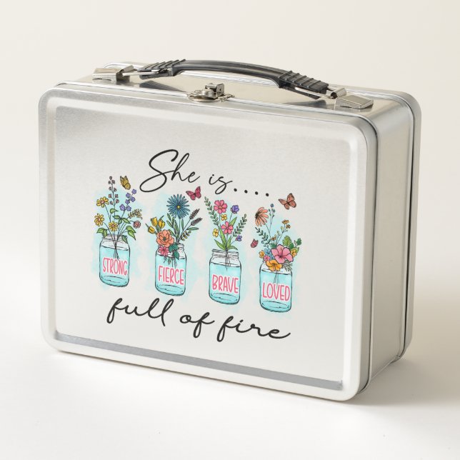 She Is Full of Fire – Vibrant Floral Empowerment Metal Lunch Box (Front)