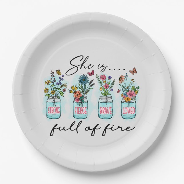 She Is Full of Fire – Vibrant Floral Empowerment Paper Plate (Front)