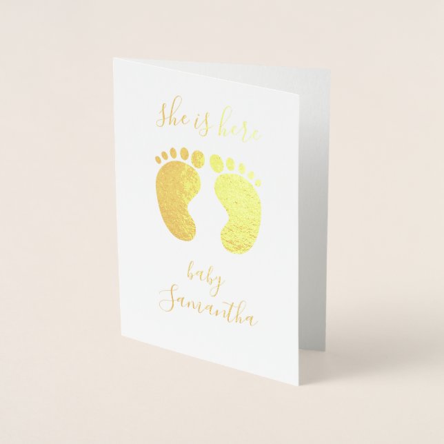 She is here Personalized Name Foil Card (Front)